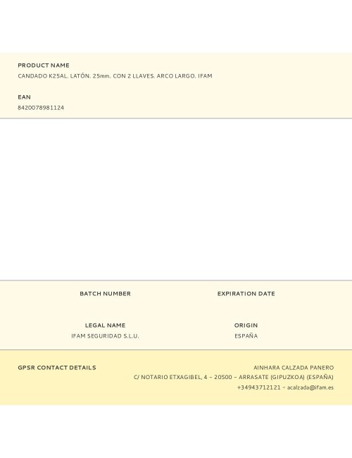 Candado k25al. latón. 25mm. con 2 llaves. arco largo. ifam