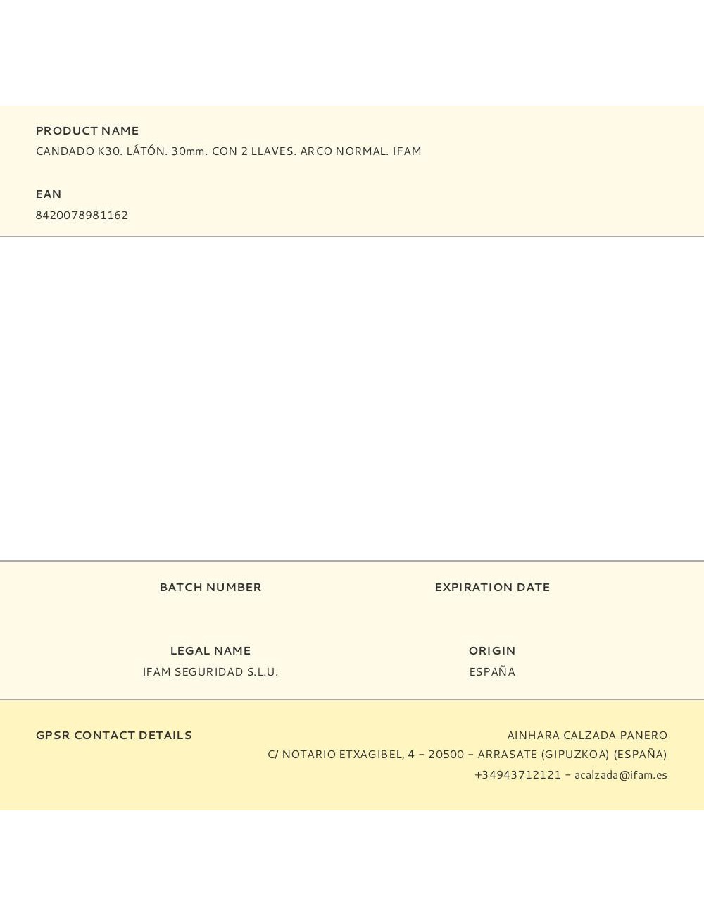 Candado k30. látón. 30mm. con 2 llaves. arco normal. ifam