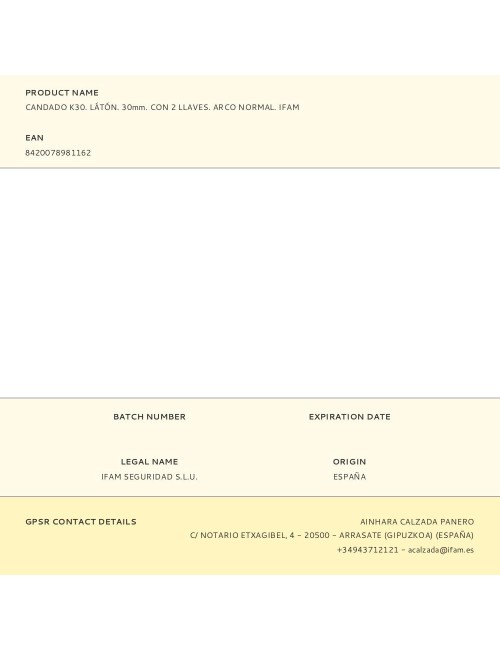 Candado k30. látón. 30mm. con 2 llaves. arco normal. ifam
