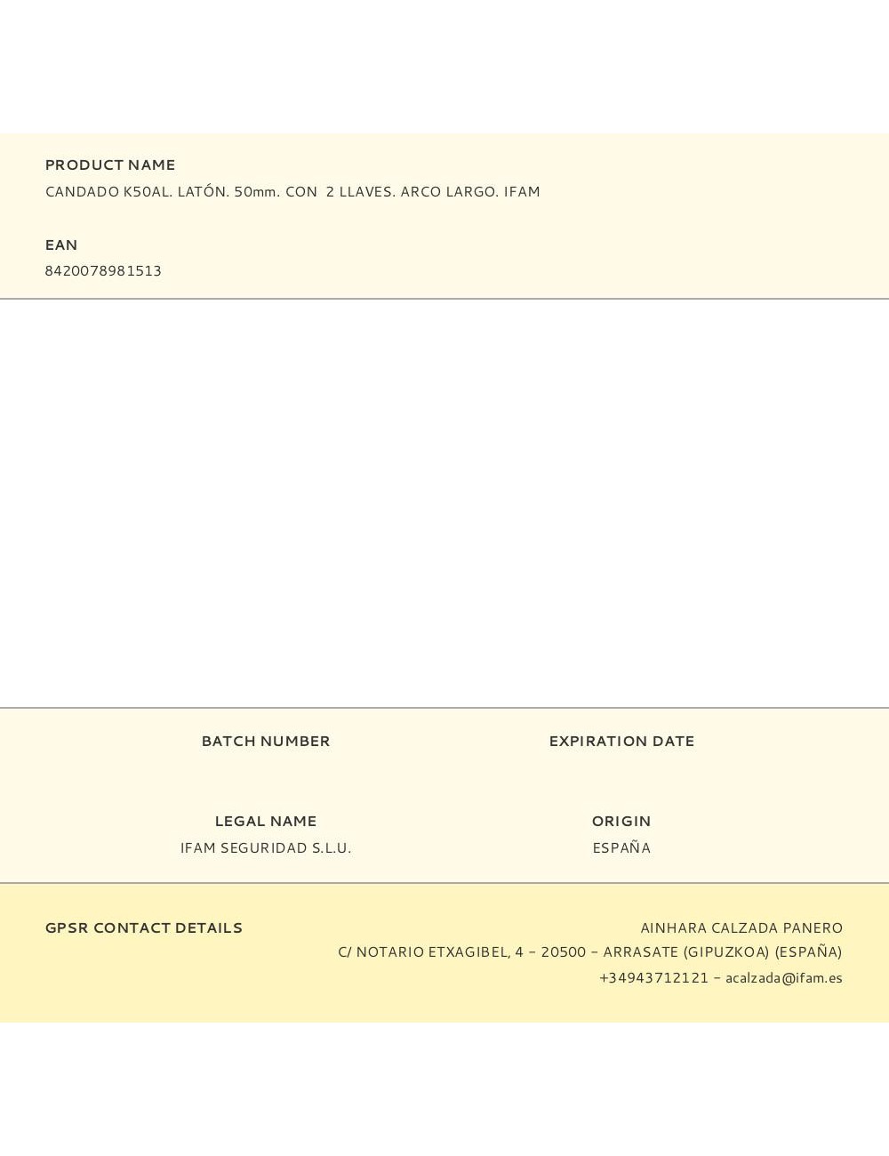 Candado k50al. latón. 50mm. con 2 llaves. arco largo. ifam