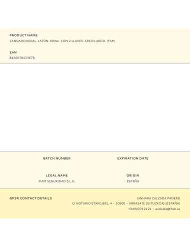 Candado k60al. latón. 60mm. con 2 llaves. arco largo. ifam