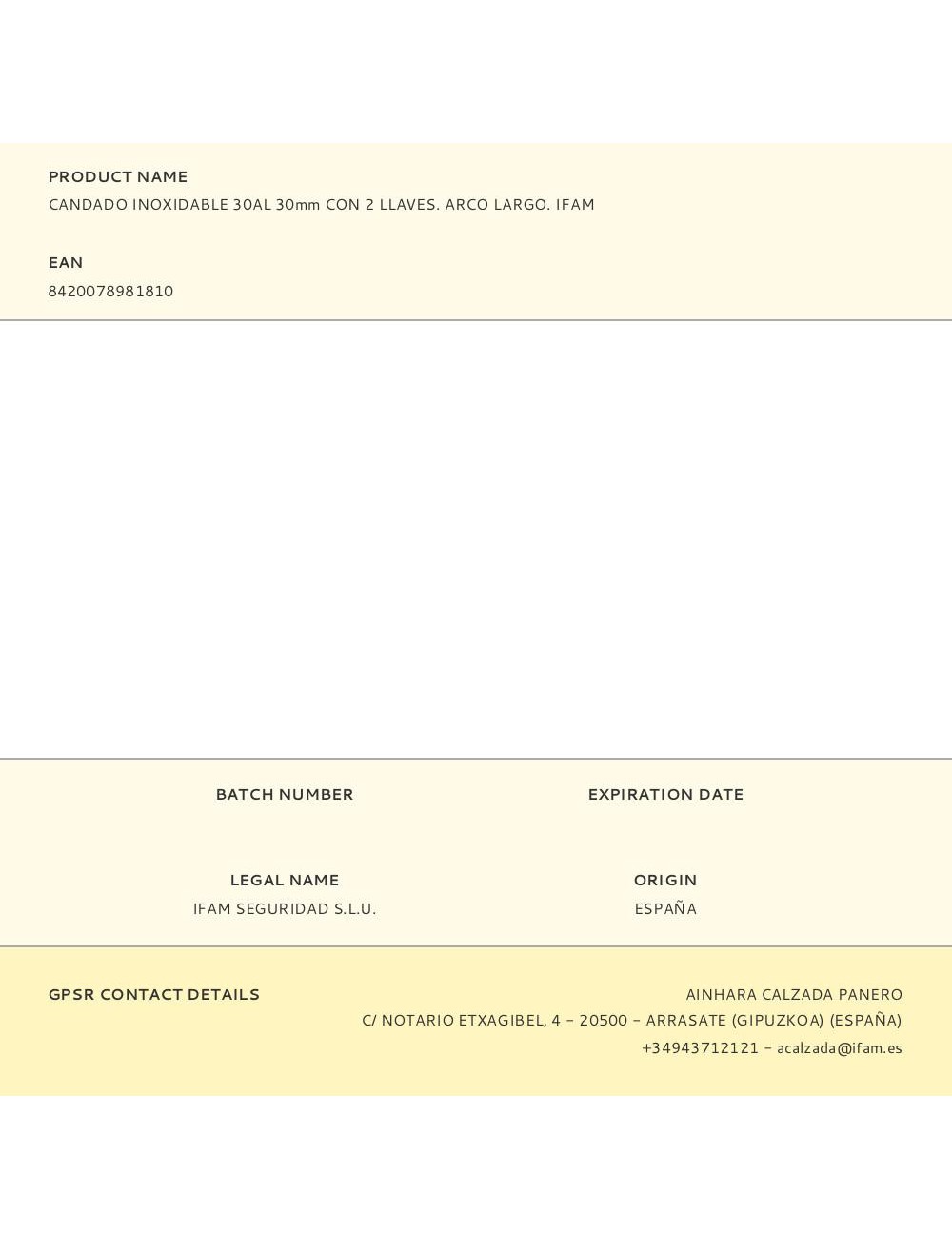 Candado inoxidable 30al 30mm con 2 llaves. arco largo. ifam