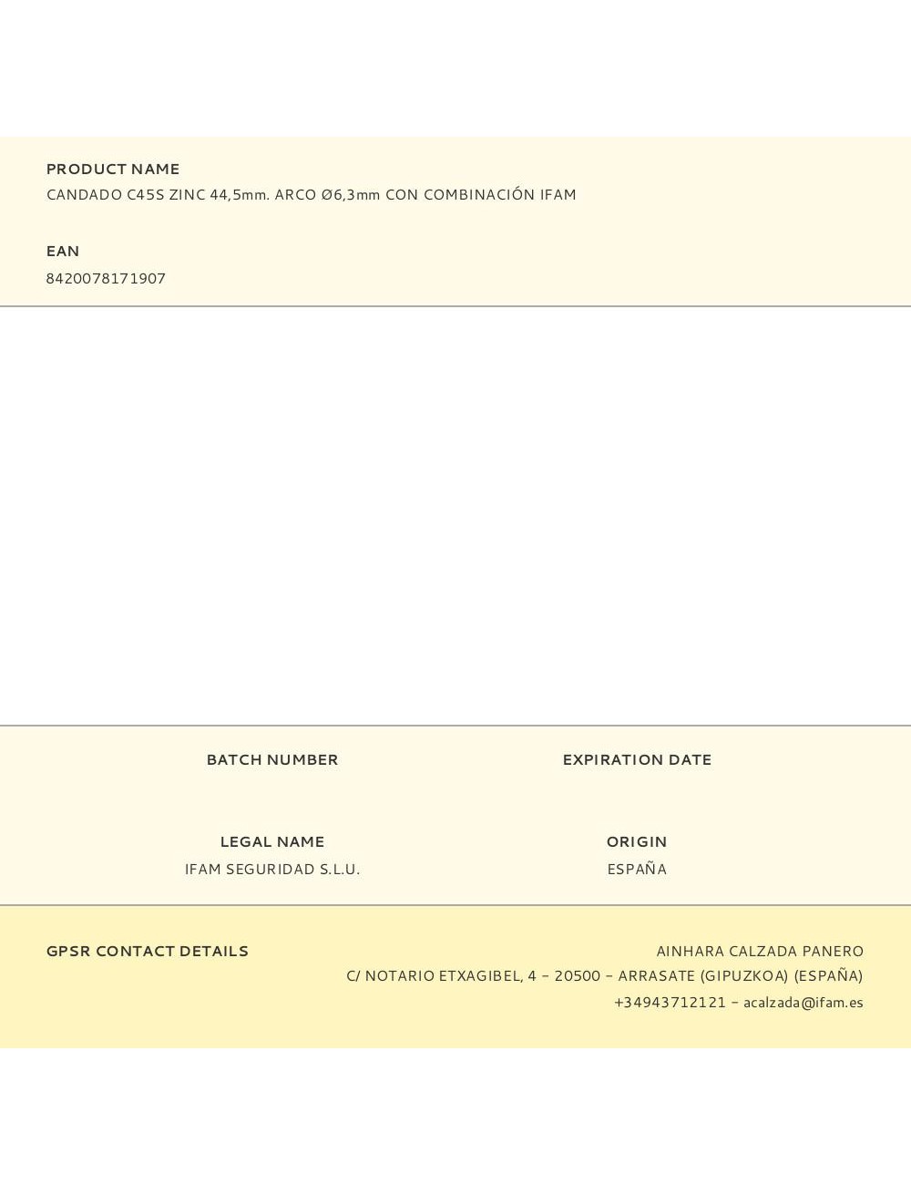 Candado c45s zinc 44,5mm. arco ø6,3mm con combinación ifam