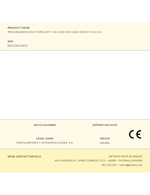 Base múltiple con 3 tomas 2p+t 1,5 m de cable h05vv-f 3g1,5 mm, 16 a 250 v 3680 w, blanca