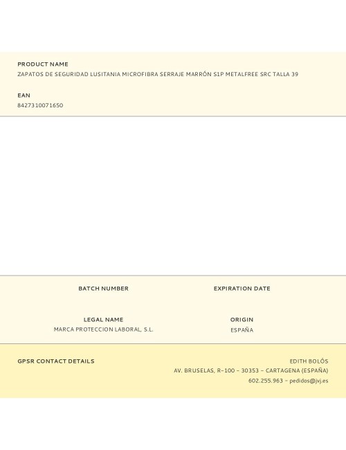 Zapatos de seguridad lusitania microfibra serraje marrón s1p metalfree src talla 39