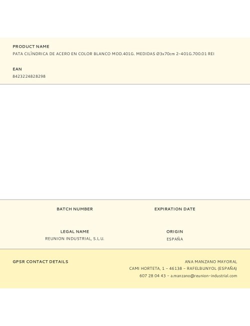 Pata cilíndrica de acero en color blanco mod.401g. medidas ø3x70cm 2-401g.700.01 rei