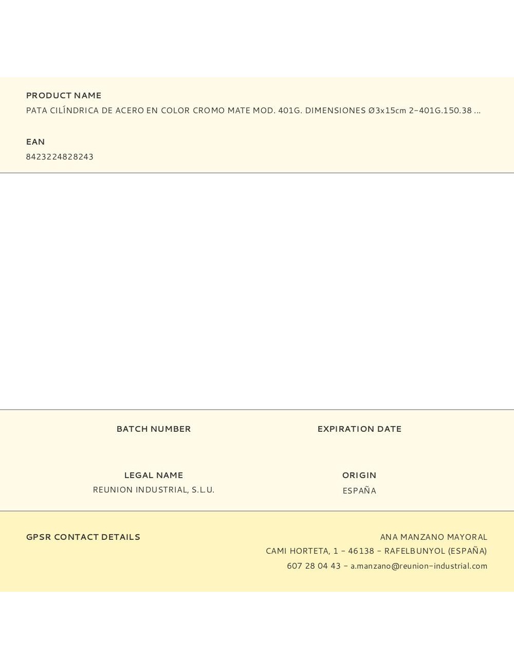 Pata cilíndrica de acero en color cromo mate mod. 401g. dimensiones ø3x15cm 2-401g.150.38 rei