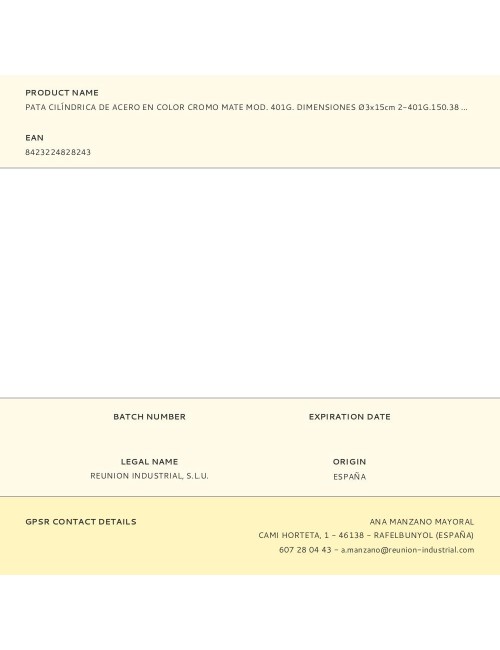 Pata cilíndrica de acero en color cromo mate mod. 401g. dimensiones ø3x15cm 2-401g.150.38 rei