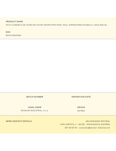 Pata cilíndrica de acero en color cromo mate mod. 401g. dimensiones ø3x80cm 2-401g.800.38 rei