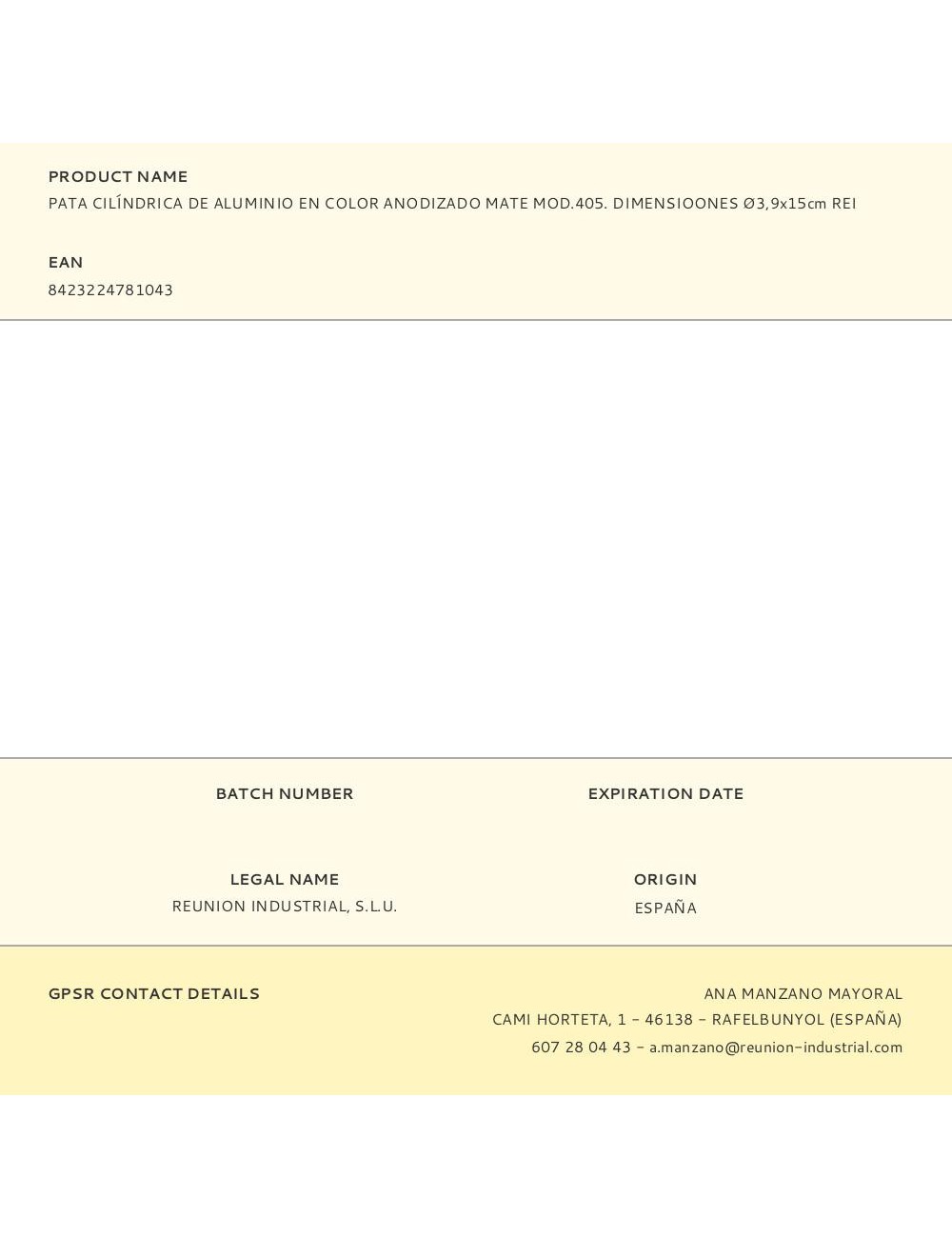 Pata cilíndrica de aluminio en color anodizado mate mod.405. dimensioones ø3,9x15cm rei