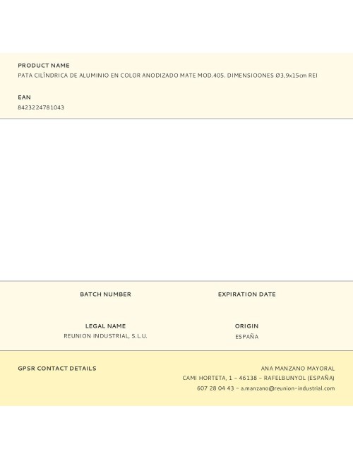 Pata cilíndrica de aluminio en color anodizado mate mod.405. dimensioones ø3,9x15cm rei