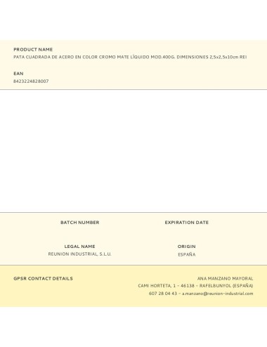Pata cuadrada de acero en color cromo mate líquido mod.400g. dimensiones 2,5x2,5x10cm rei