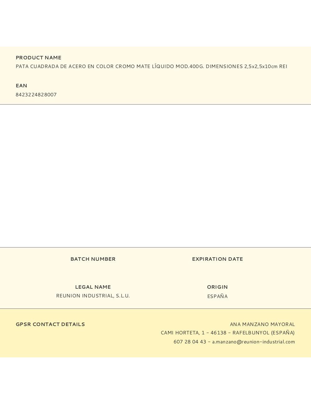 Pata cuadrada de acero en color cromo mate líquido mod.400g. dimensiones 2,5x2,5x10cm rei