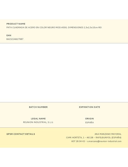 Pata cuadrada de acero en color negro mod.400g. dimensiones 2,5x2,5x10cm rei