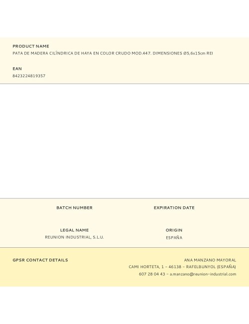 Pata de madera cilíndrica de haya en color crudo mod.447. dimensiones ø5,6x15cm rei