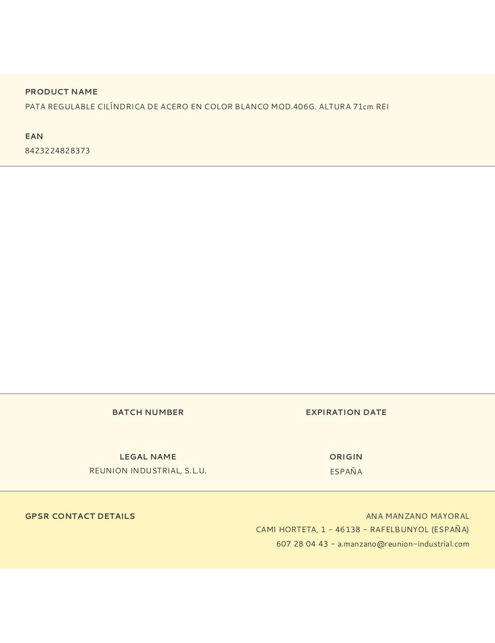 Pata regulable cilíndrica de acero en color blanco mod.406g. altura 71cm rei