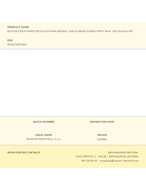 Blister con 4 pomos metálicos para mueble, con acabado blanco mate mod. 749 32x32mm rei