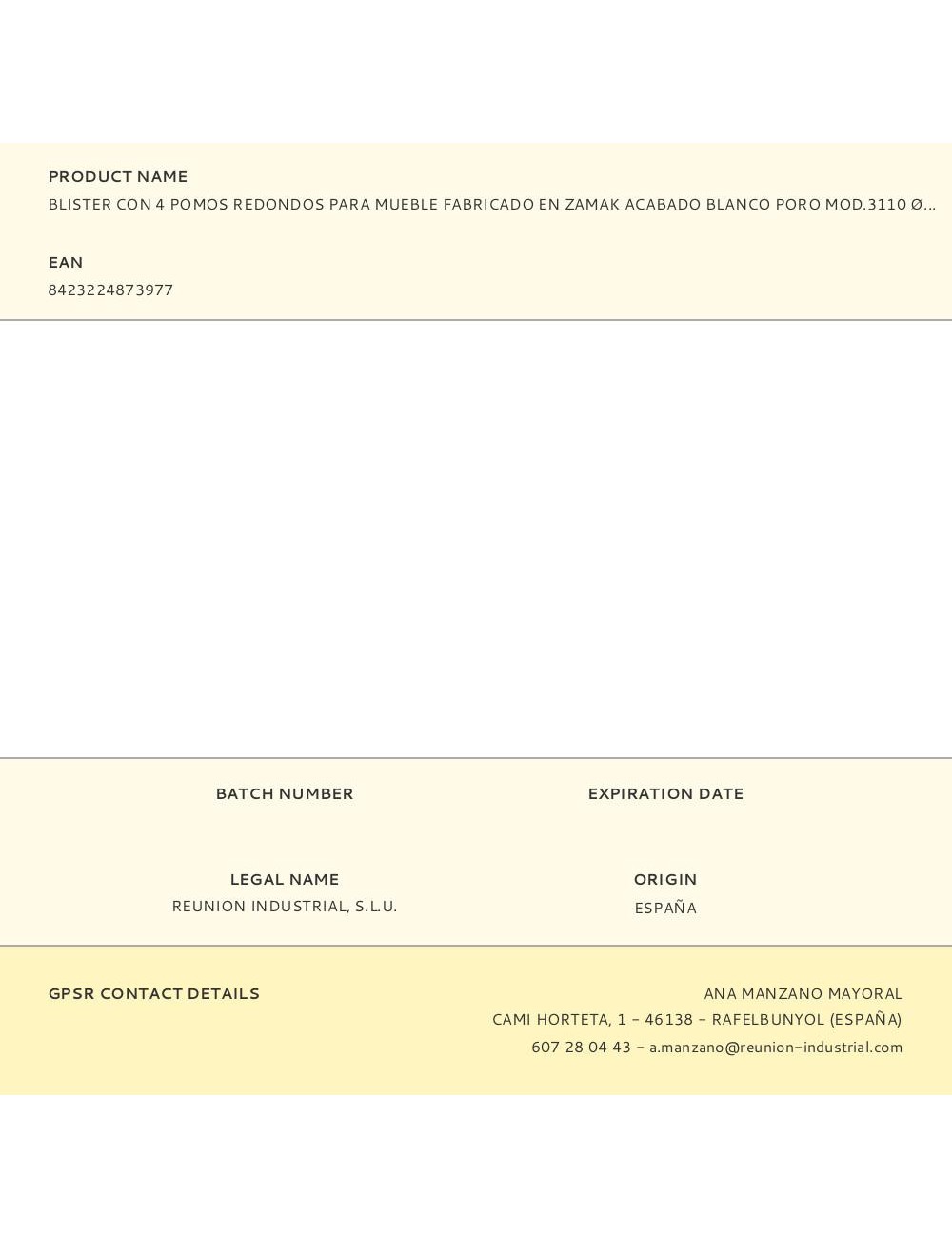 Blister con 4 pomos redondos para mueble fabricado en zamak acabado blanco poro mod.3110 ø35mm rei