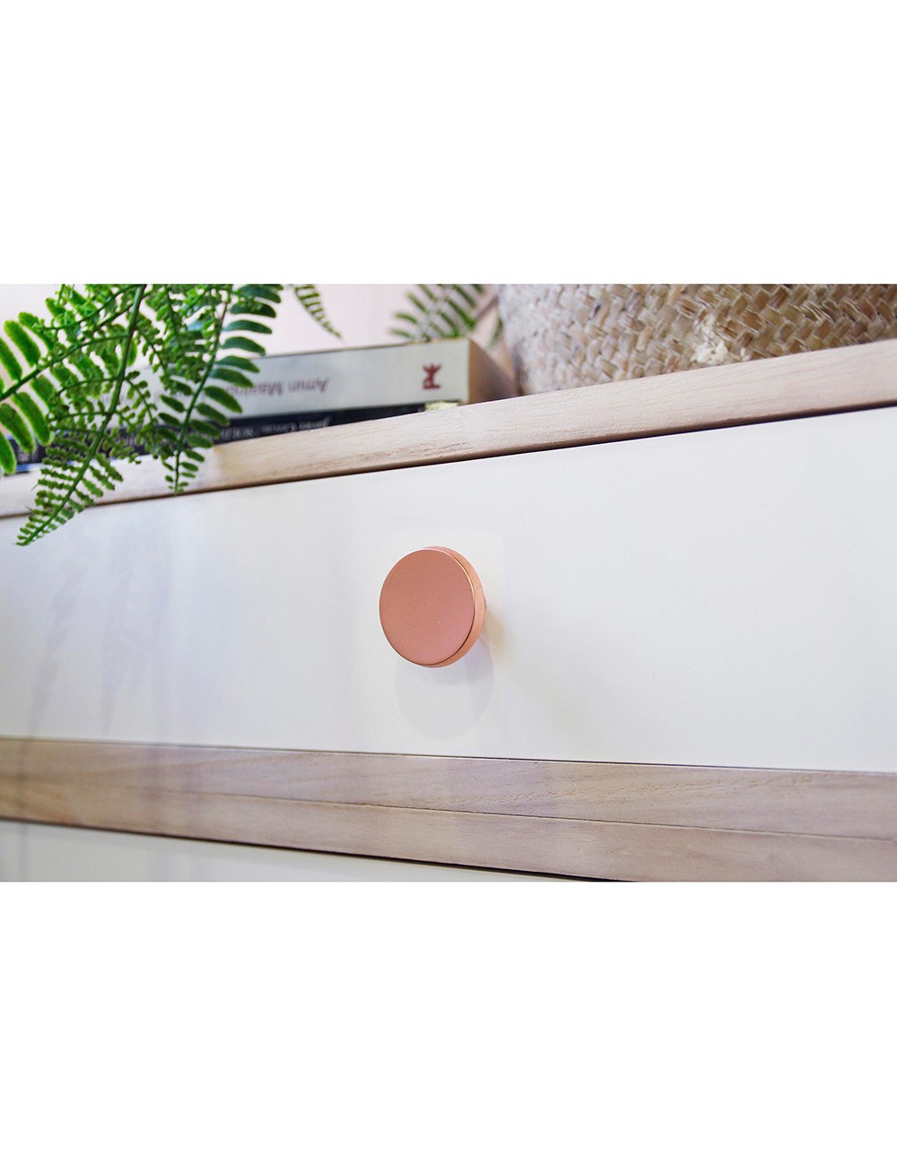 Blister con 2 pomos redondos para mueble fabricado en zamak acabado oro rosso mate mod 774 ø35mm rei