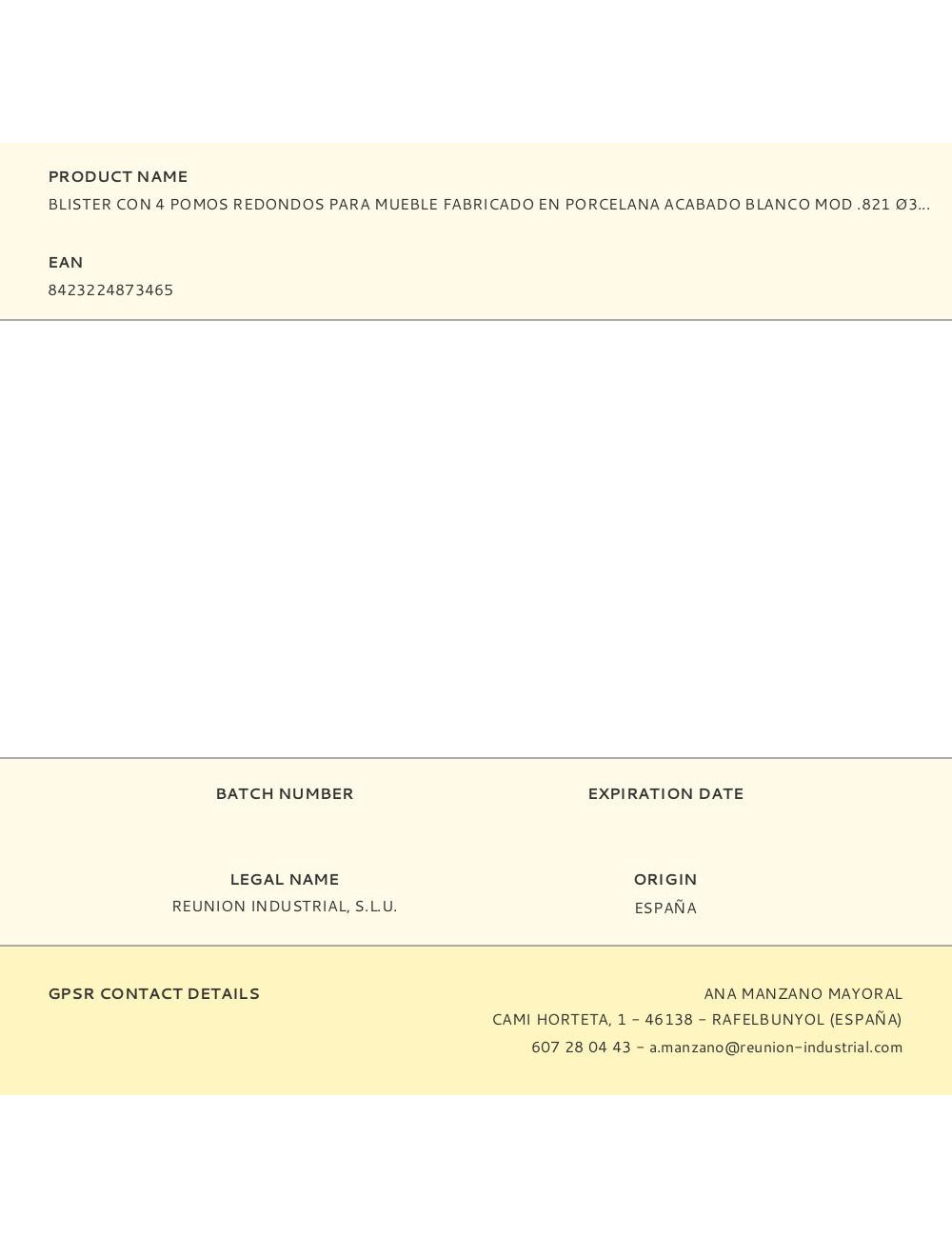 Blister con 4 pomos redondos para mueble fabricado en porcelana acabado blanco mod .821 ø35mm rei