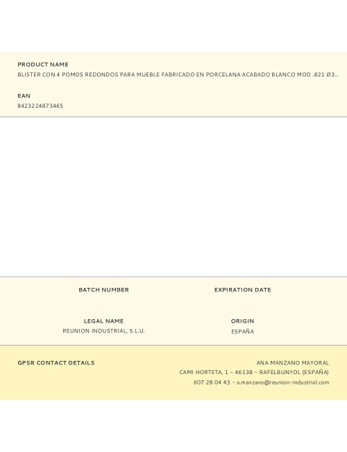 Blister con 4 pomos redondos para mueble fabricado en porcelana acabado blanco mod .821 ø35mm rei