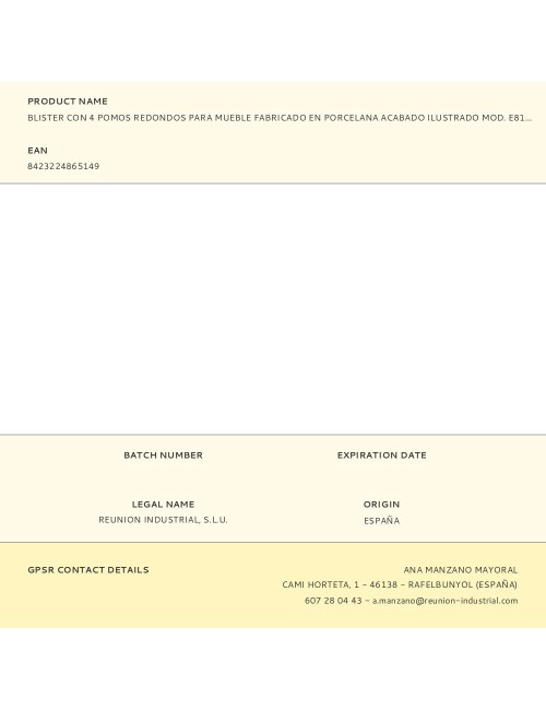 Blister con 4 pomos redondos para mueble fabricado en porcelana acabado ilustrado mod. e815 ø40mm rei