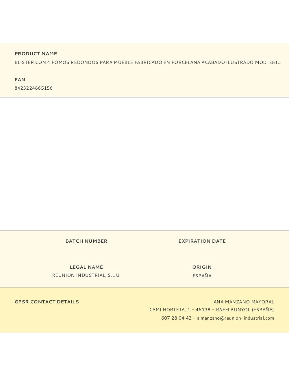 Blister con 4 pomos redondos para mueble fabricado en porcelana acabado ilustrado mod. e816 ø40mm rei