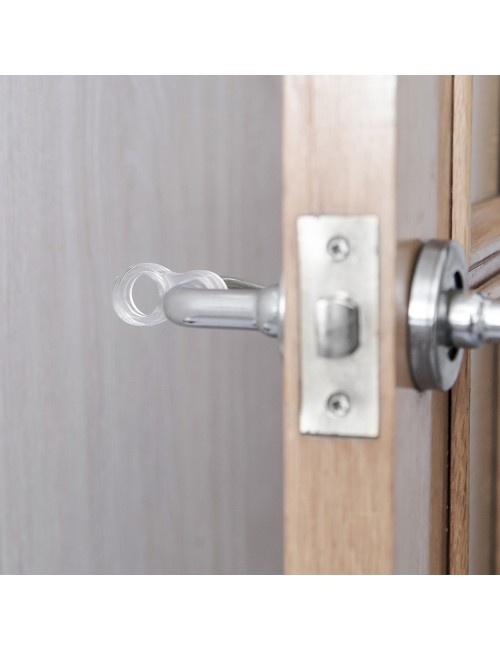 Pack 2 retenedores de puerta para colocación en manilla de plástico flexible transparente. mod. 8. rei