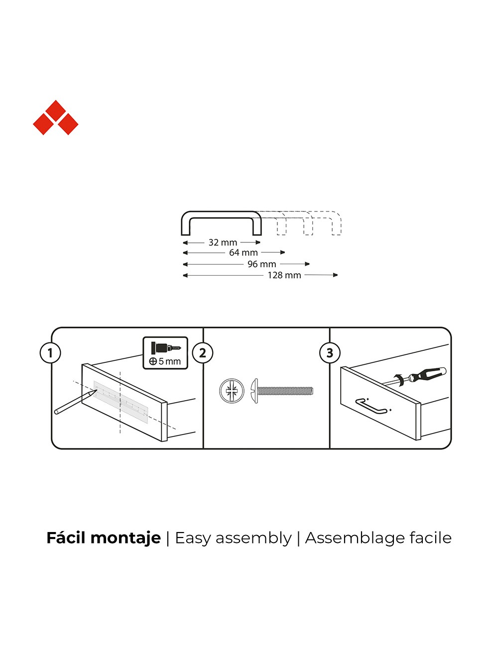 Blister con 4 tiradores de mueble tipo asa fabricado en aluminio acabado negro mate mod. 589a entrepuntos 128mm rei