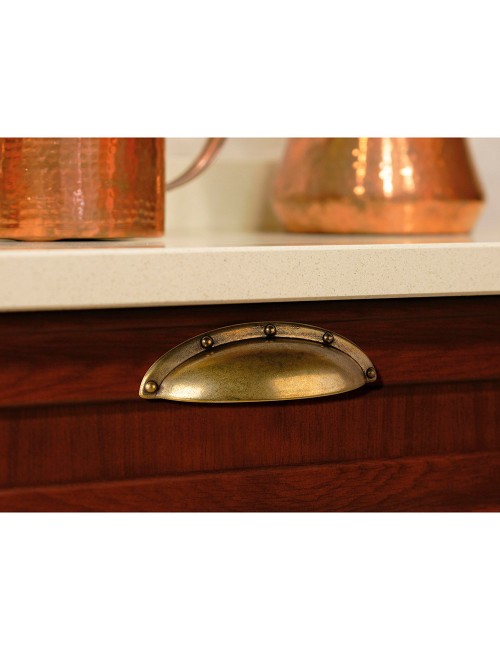 Blister con 4 tiradores tipo concha fabricado en zamak acabado cuero viejo mod. 2004 entrepuntos 64mm rei