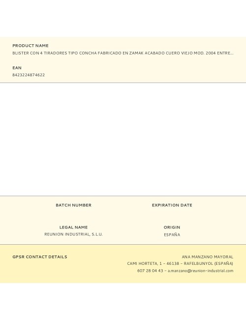 Blister con 4 tiradores tipo concha fabricado en zamak acabado cuero viejo mod. 2004 entrepuntos 64mm rei