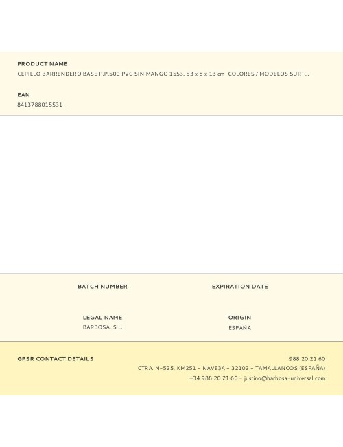 Cepillo barrendero base p.p.500 pvc sin mango 1553. 53 x 8 x 13 cm colores / modelos surtidos