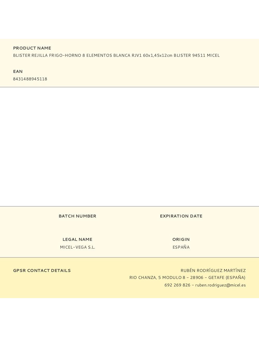 Blister rejilla frigo-horno 8 elementos blanca rjv1 60x1,45x12cm blister 94511 micel