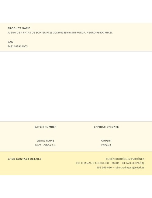 Juego de 4 patas de somier pt25 30x30x255mm sin rueda, negro 96400 micel