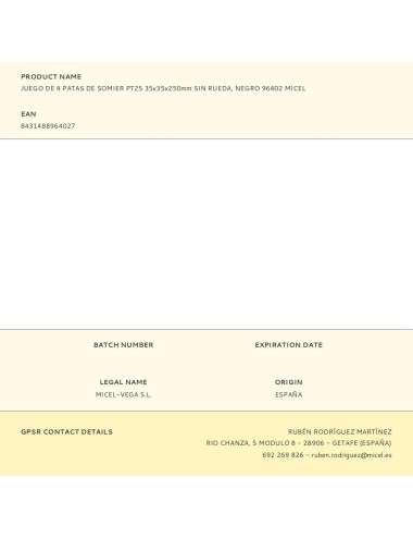 Juego de 4 patas de somier pt25 35x35x250mm sin rueda, negro 96402 micel