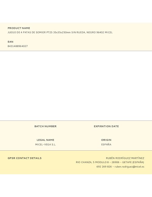 Juego de 4 patas de somier pt25 35x35x250mm sin rueda, negro 96402 micel