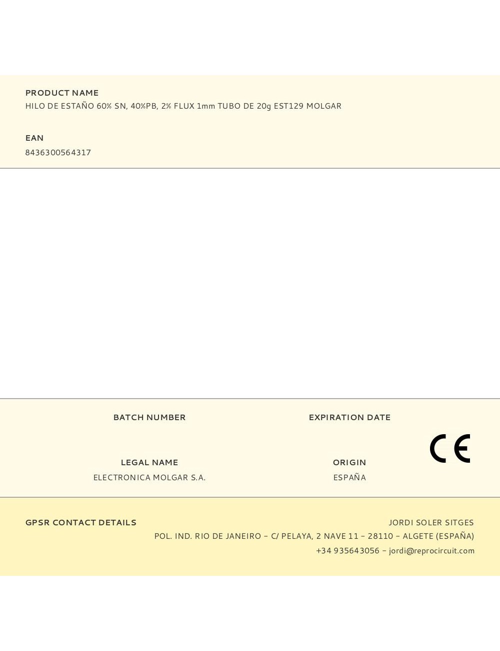 Hilo de estaño 60% sn, 40%pb, 2% flux 1mm tubo de 20g est129 molgar