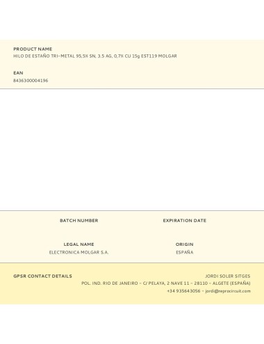 Hilo de estaño tri-metal 95,5% sn, 3.5 ag, 0,7% cu 15g est119 molgar