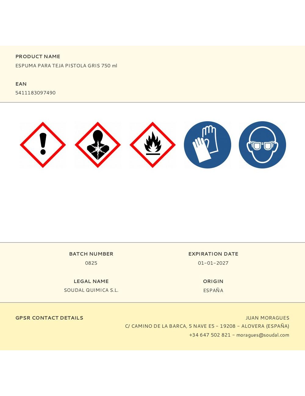 Espuma para teja, pistola, gris, 750 ml