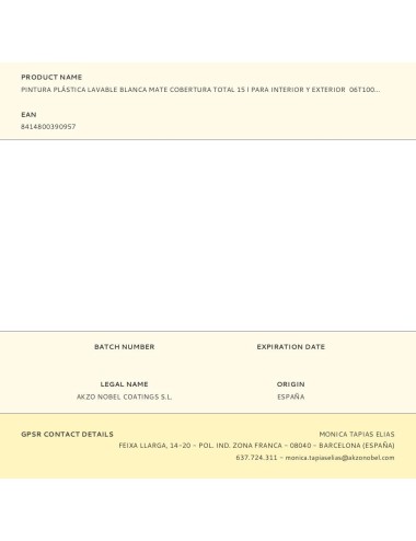 Pintura plástica vinílica veova interior/exterior eco lavable cobertura total blanco mate 15 l