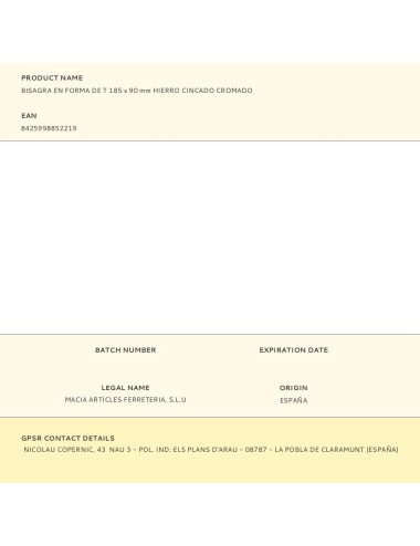 Bisagra en forma de t 185 x 90 mm hierro cincado cromado