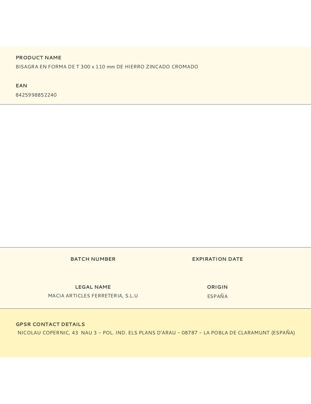 Bisagra en forma de t 300 x 110 mm de hierro zincado cromado