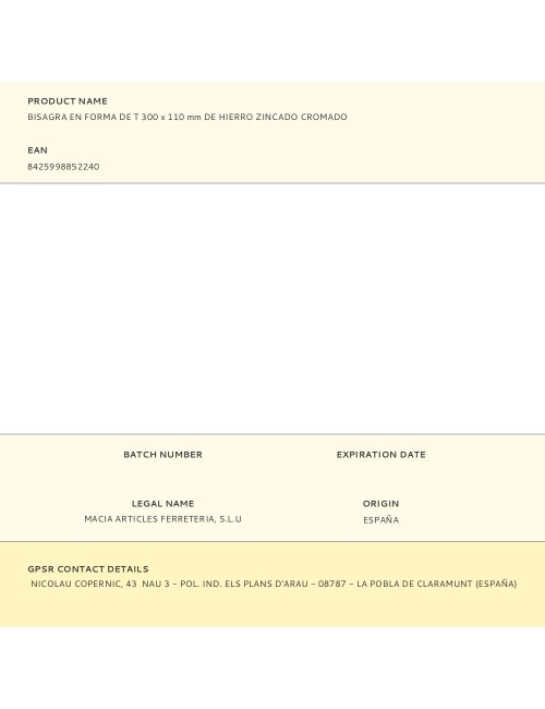 Bisagra en forma de t 300 x 110 mm de hierro zincado cromado