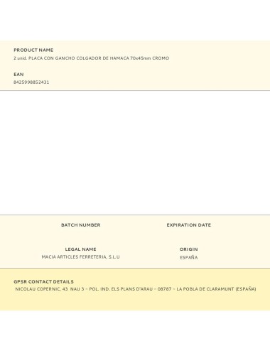 2 unid. placa con gancho colgador de hamaca 70x45mm cromo