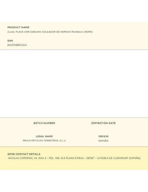 2 unid. placa con gancho colgador de hamaca 70x45mm cromo