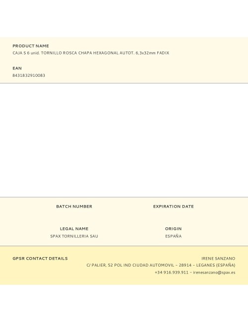 Caja s 6 unid. tornillo rosca chapa hexagonal autot. 6,3x32mm fadix