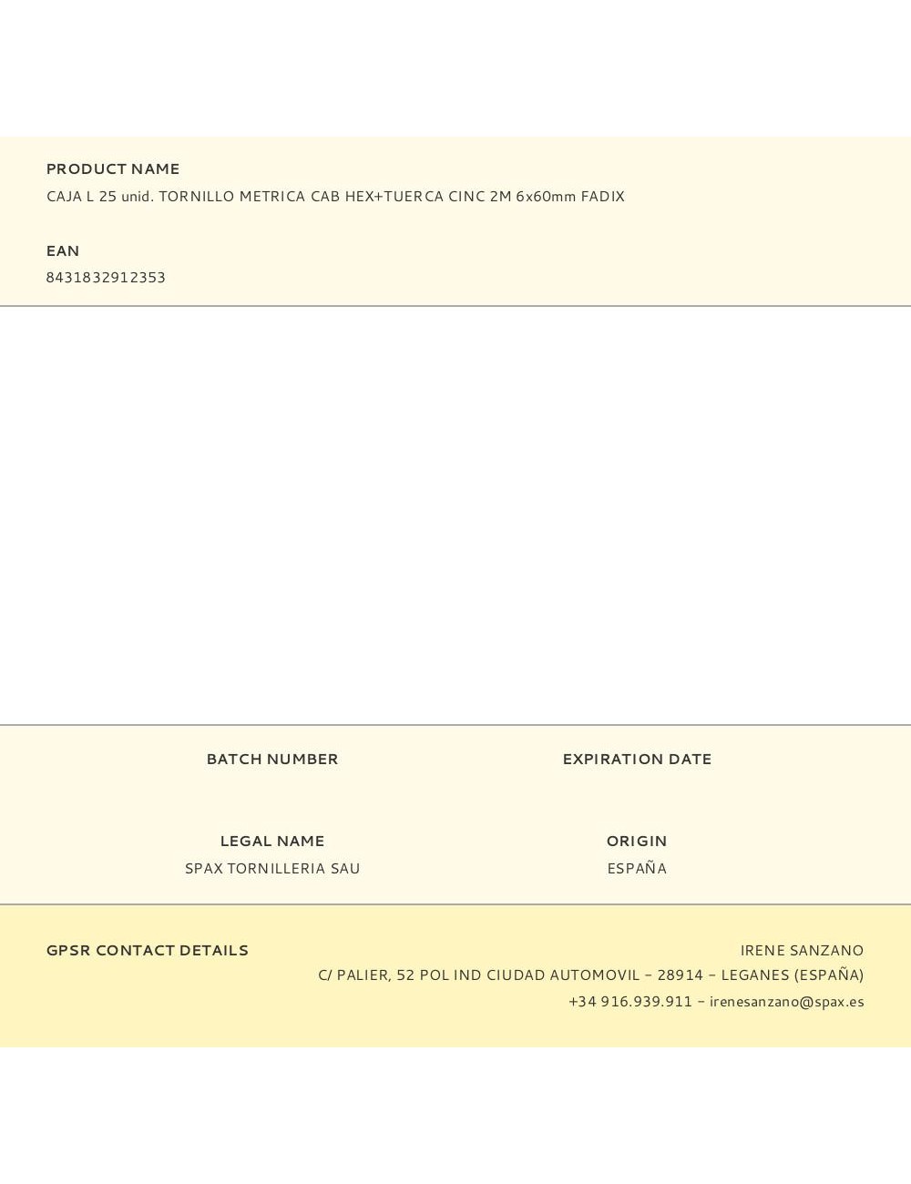 Caja l 25 unid. tornillo metrica cab hex+tuerca cinc 2m 6x60mm fadix