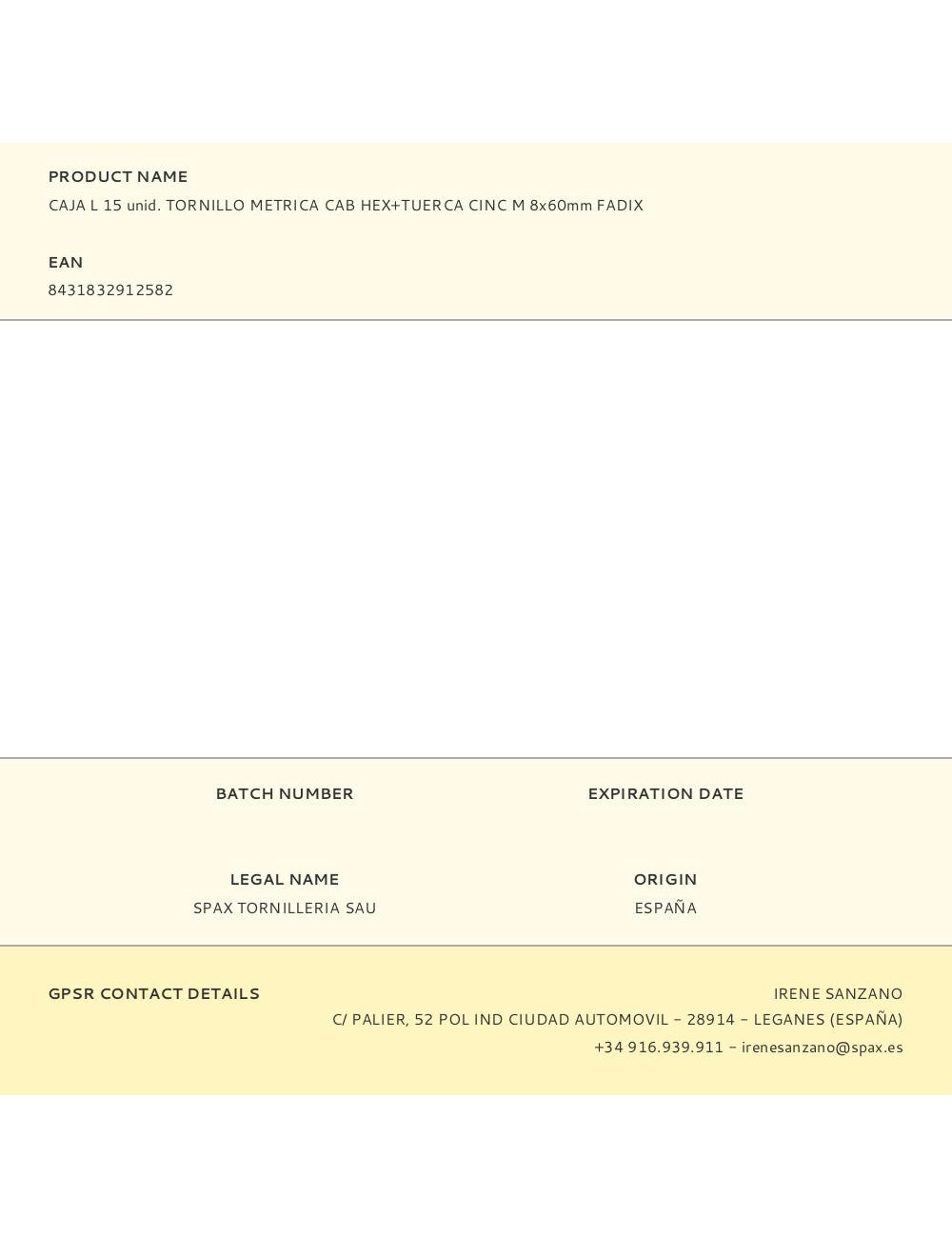 Caja l 15 unid. tornillo metrica cab hex+tuerca cinc m 8x60mm fadix