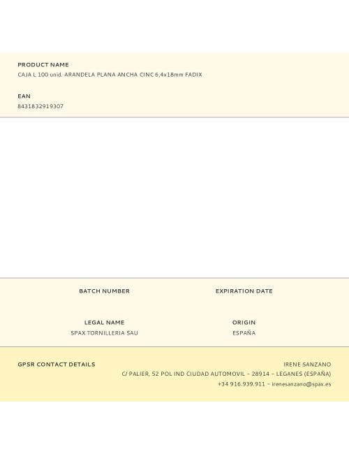 Caja l 100 unid. arandela plana ancha cinc 6,4x18mm fadix
