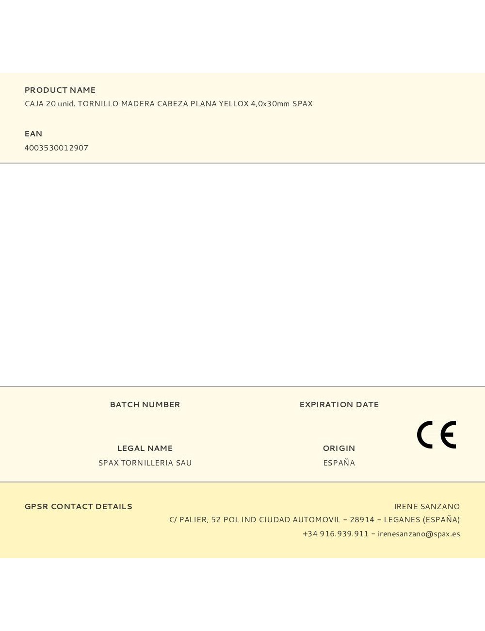 Caja 20 unid. tornillo madera cabeza plana yellox 4,0x30mm spax